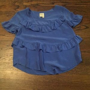 100% Silk Anthropologie Blue Ruffled Blouse